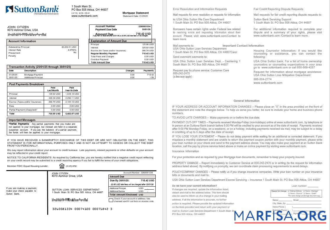 Blank USA Ohio Sutton bank mortgage statement in Word and PDF formats sample